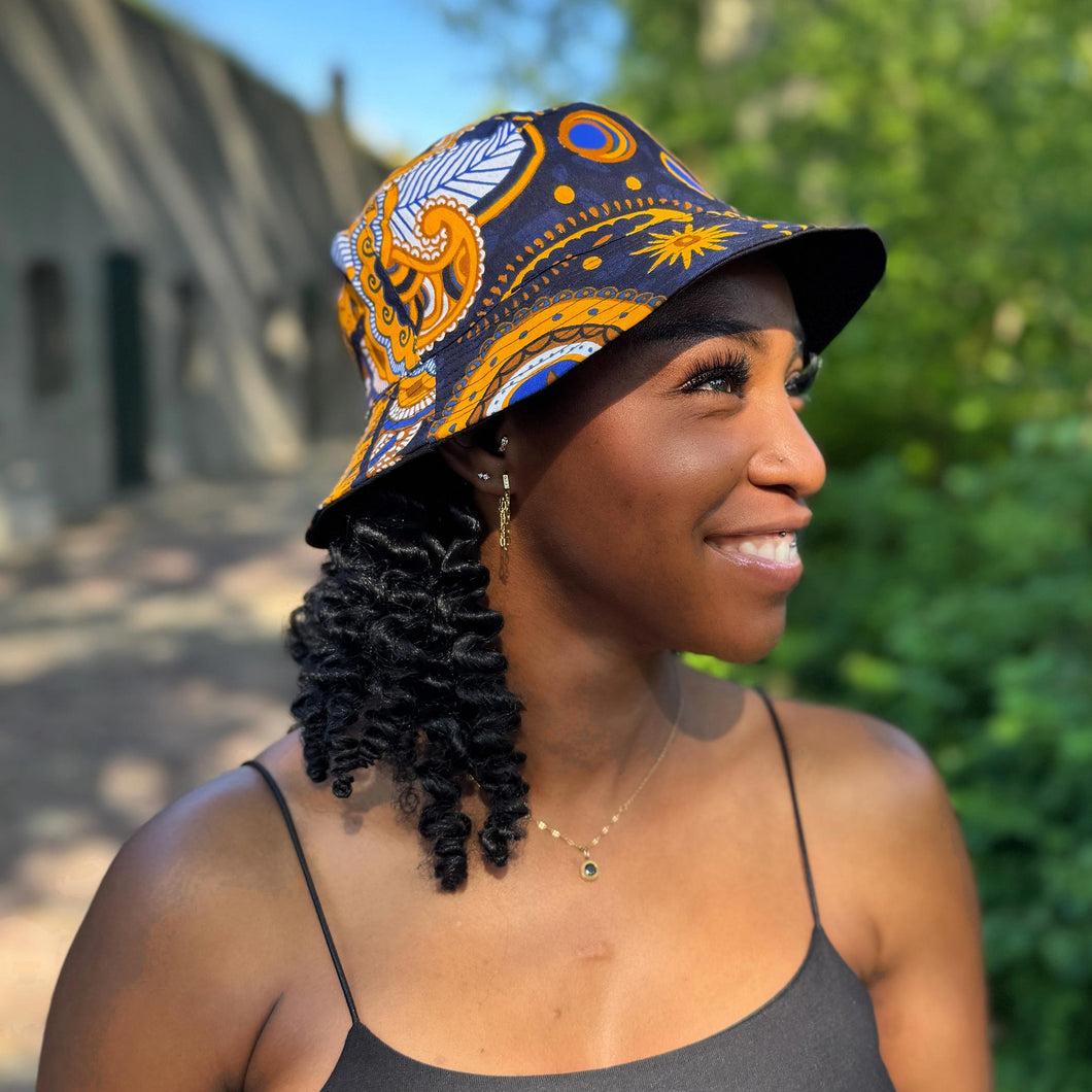 Chapeau bob / Chapeau de pêcheur avec imprimé africain - Bleu marine Jaune Paisley - Tailles enfants et adultes (Unisexe)
