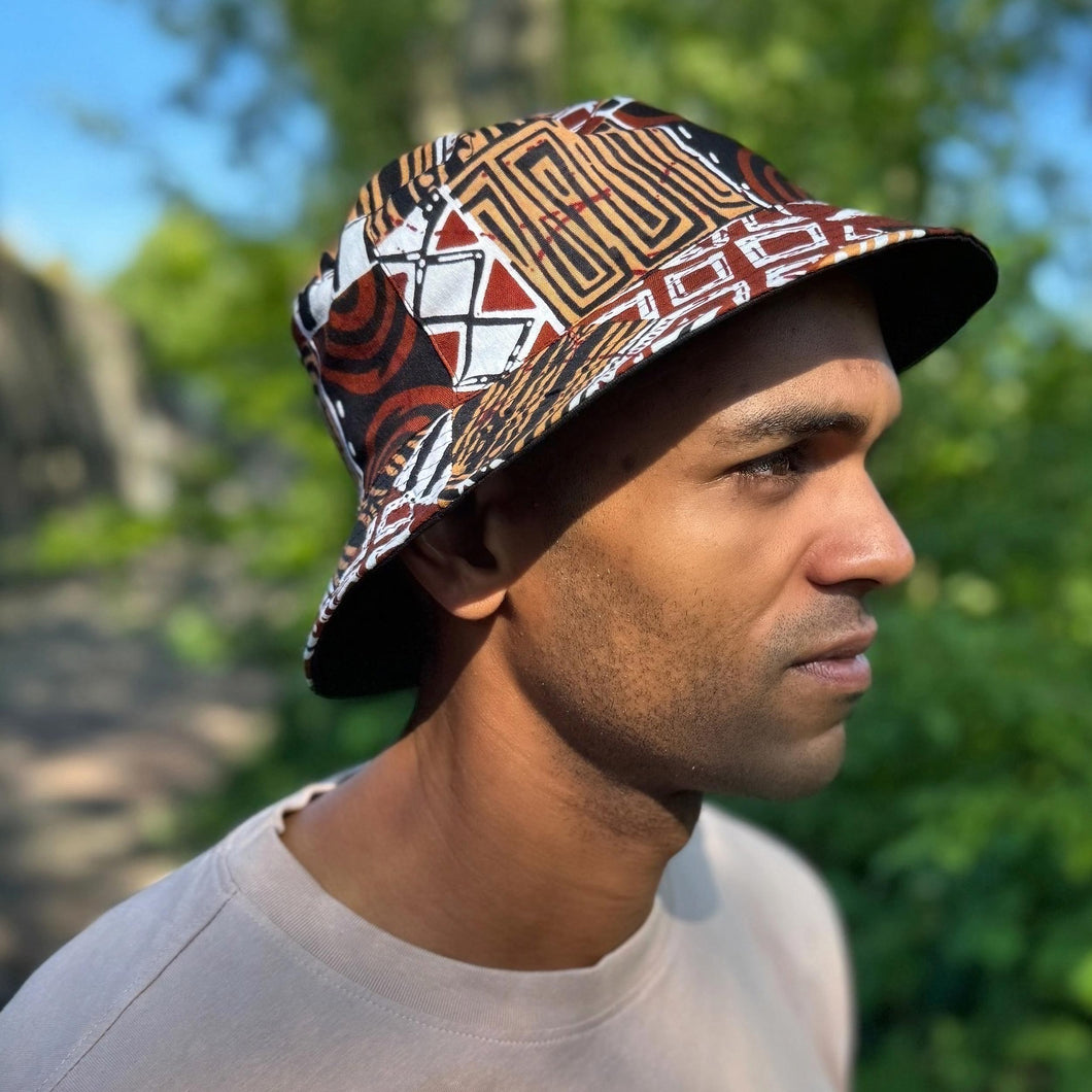 Chapeau bob / Chapeau de pêcheur avec imprimé africain - Mosaïque Bogolan marron - Tailles enfants et adultes (Unisexe)