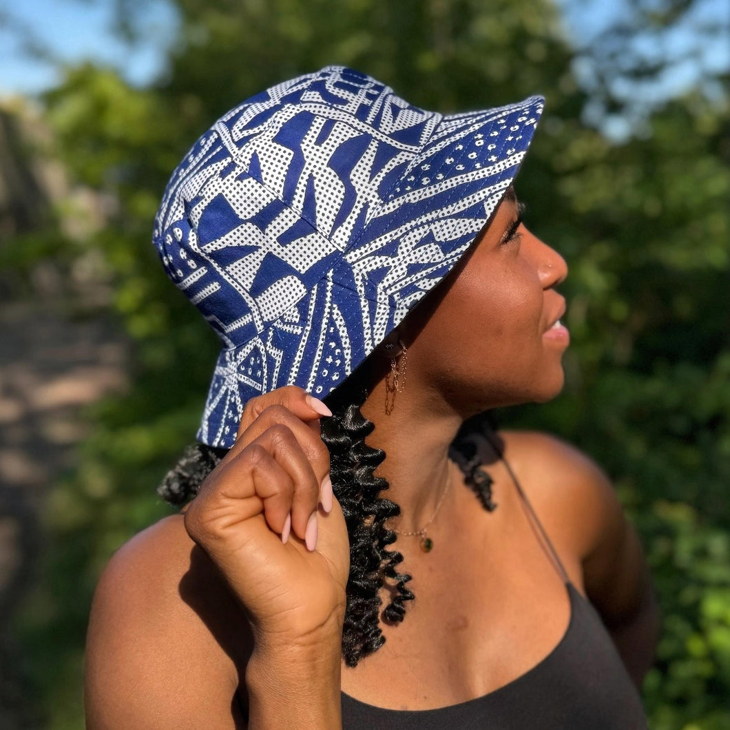 Chapeau bob / Chapeau de pêcheur avec imprimé africain - Bleu Ndop Cameroun - Tailles enfants et adultes (Unisexe)