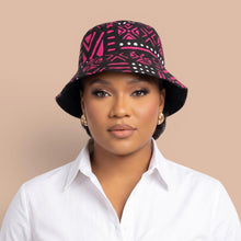 Load image into Gallery viewer, Bucket hat / Fisherman hat with African print - Pink Black Bogolan Symbols - Kids &amp; Adults sizes (Unisex)
