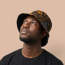 Load image into Gallery viewer, Bucket hat / Fisherman hat with African print - Black Orange Bogolan Symbols - Kids &amp; Adults sizes (Unisex)
