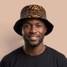 Load image into Gallery viewer, Bucket hat / Fisherman hat with African print - Black Orange Bogolan Symbols - Kids &amp; Adults sizes (Unisex)
