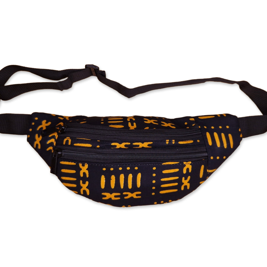 African Print Fanny Pack - Black / Yellow bogolan - Ankara Waist Bag / Bum bag / Festival Bag with Adjustable strap