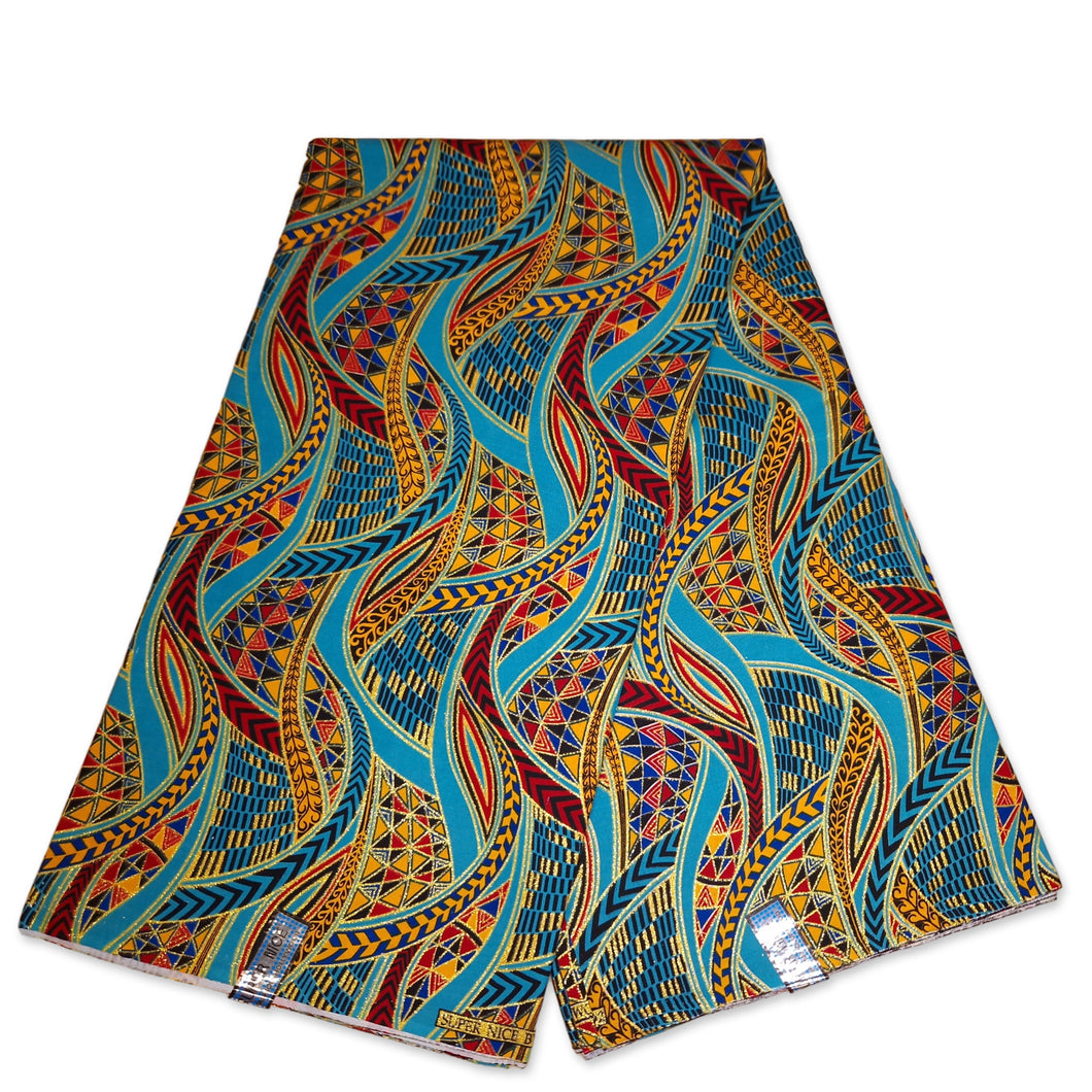 6 Yards - Afrikanischer Druckstoff - Exklusive verzierte Glitzereffekte 100% Baumwolle - GL-4003 Hellblau Gold