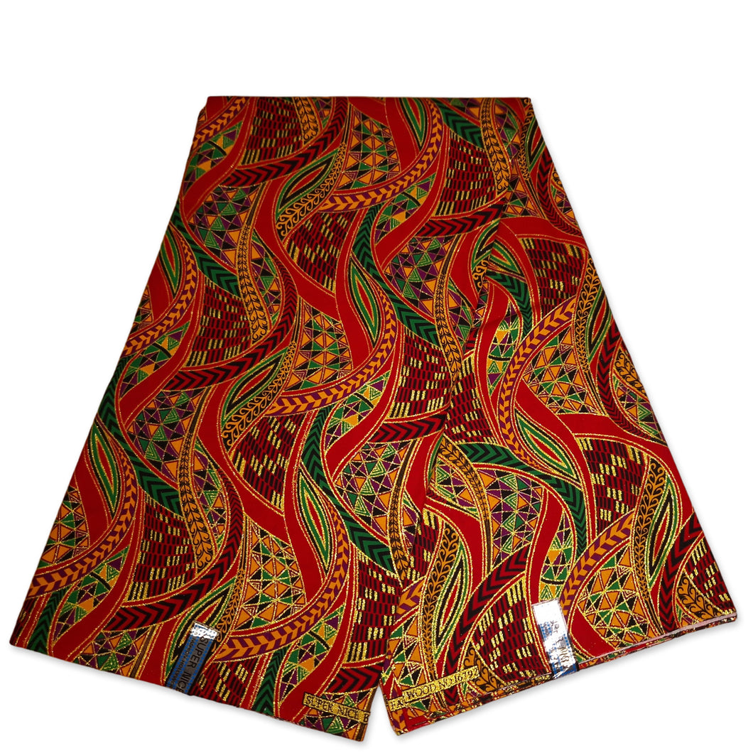 6 Yards - Afrikanischer Druckstoff - Exklusive verzierte Glitzereffekte 100% Baumwolle - GL-4004 Rot Grün