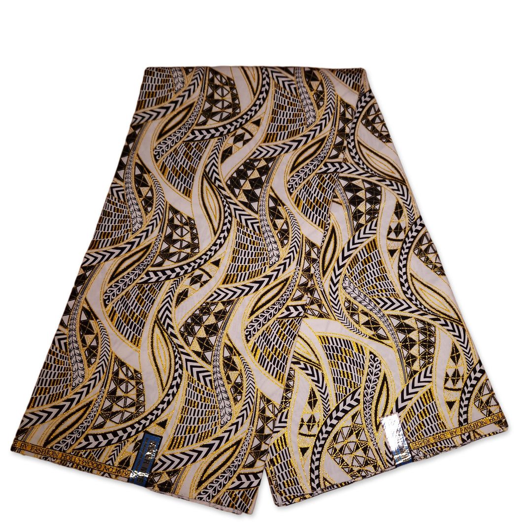 6 Yards - Afrikanischer Druckstoff - Exklusive verzierte Glitzereffekte 100% Baumwolle - GL-4005 Weiß Gold