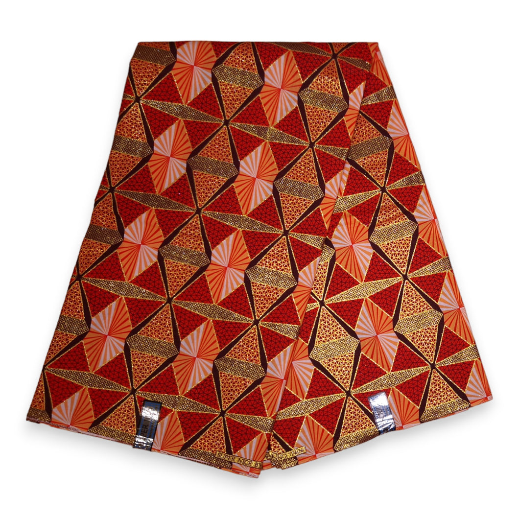 6 Yards - Afrikanischer Druckstoff - Exklusive verzierte Glitzereffekte 100% Baumwolle - GL-4007 Rot Orange Gold