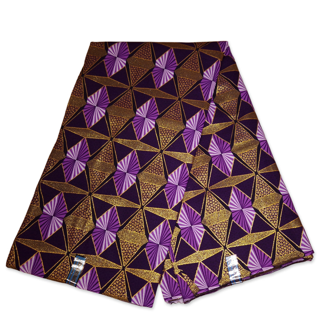 6 Yards - Afrikanischer Druckstoff - Exklusive verzierte Glitzereffekte 100% Baumwolle - GL-4008 Lila Gold