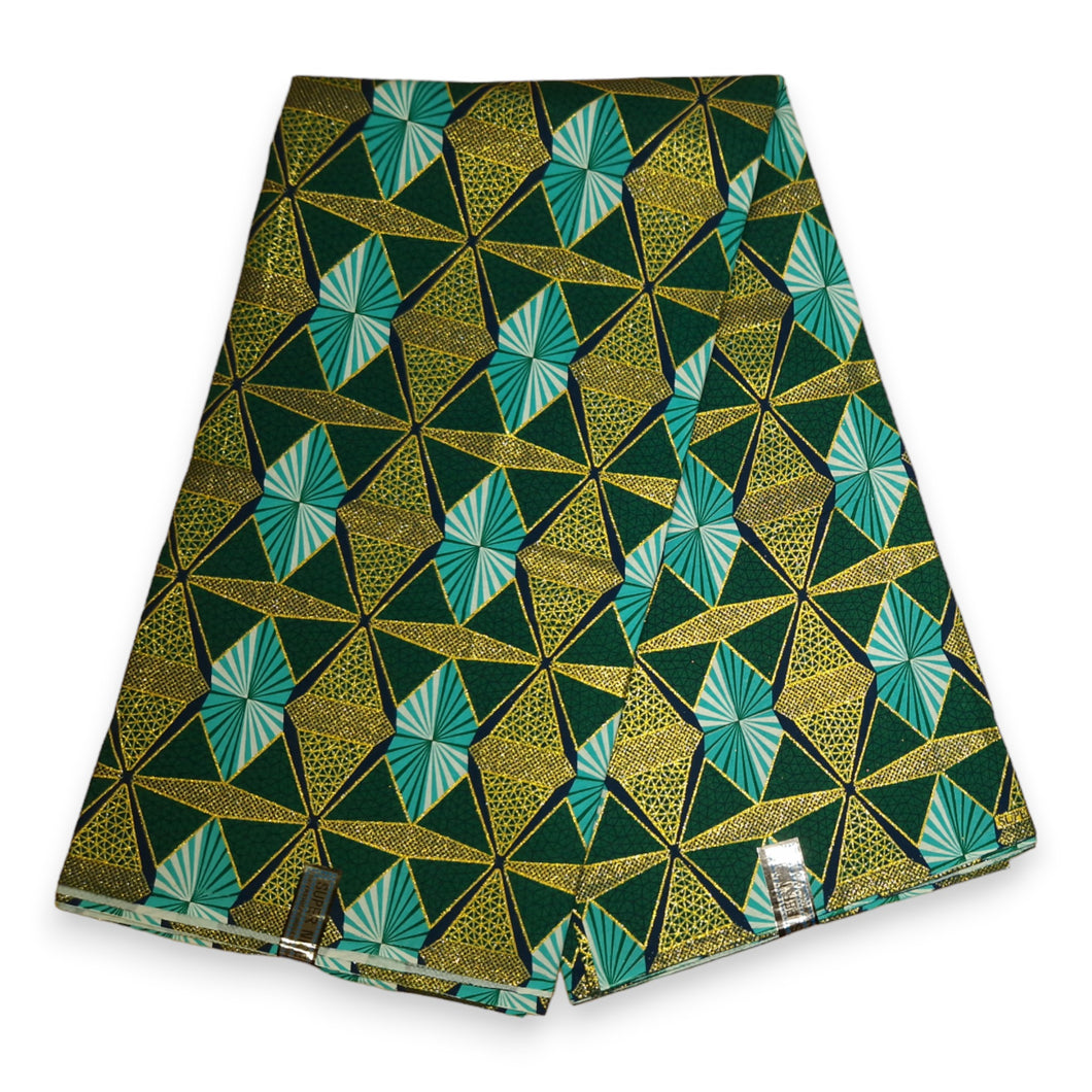6 Yards - Afrikanischer Druckstoff - Exklusive verzierte Glitzereffekte 100% Baumwolle - GL-4009 Grün Gold