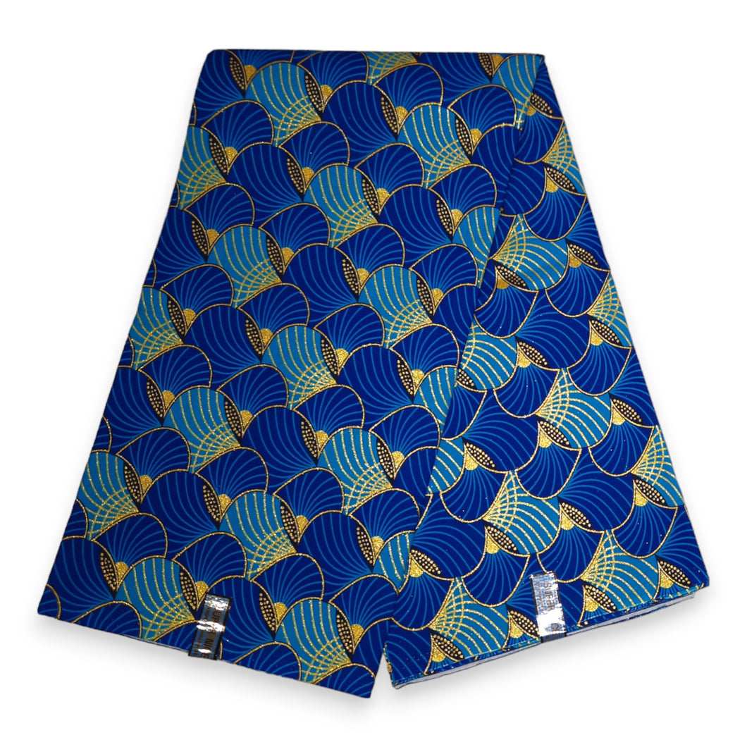 6 Yards - Afrikanischer Druckstoff - Exklusive verzierte Glitzereffekte 100% Baumwolle - GL-4011 Blau Gold