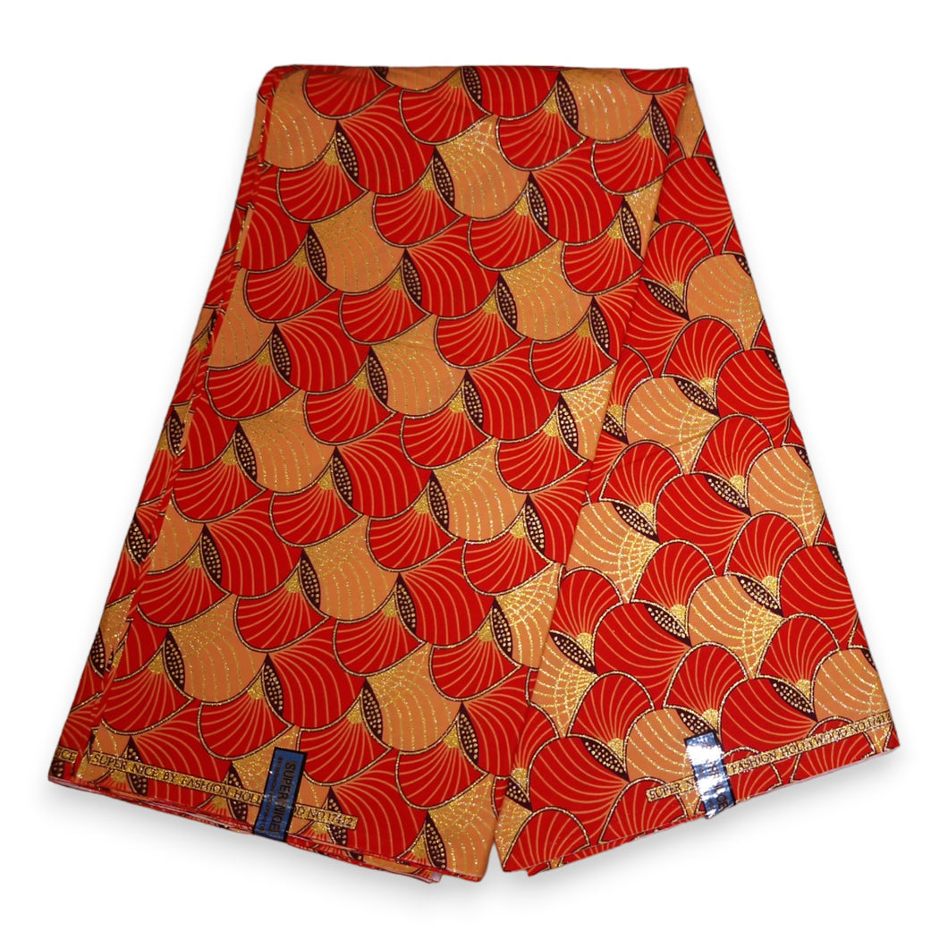 6 Yards - Afrikanischer Druckstoff - Exklusive verzierte Glitzereffekte 100% Baumwolle - GL-4012 Rot Orange Gold