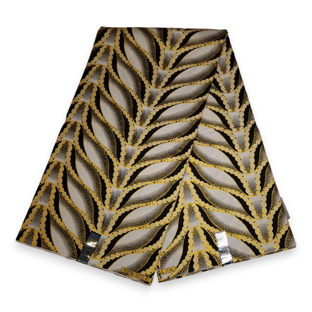 6 Yards - Afrikanischer Druckstoff - Exklusive verzierte Glitzereffekte 100% Baumwolle - GL-4015 Weiß Gold