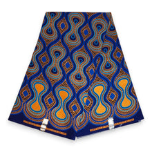 Afbeelding in Gallery-weergave laden, 6 Yards - Afrikaanse printstof - Exclusieve versierde glittereffecten 100% katoen - GL-4016 Blauw Oranje Goud
