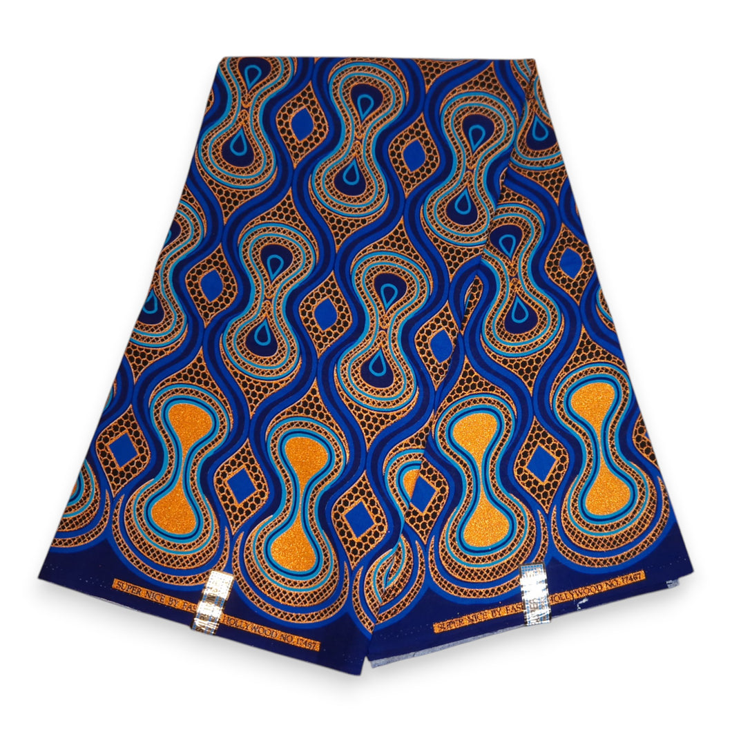 6 Yards - Afrikaanse printstof - Exclusieve versierde glittereffecten 100% katoen - GL-4016 Blauw Oranje Goud
