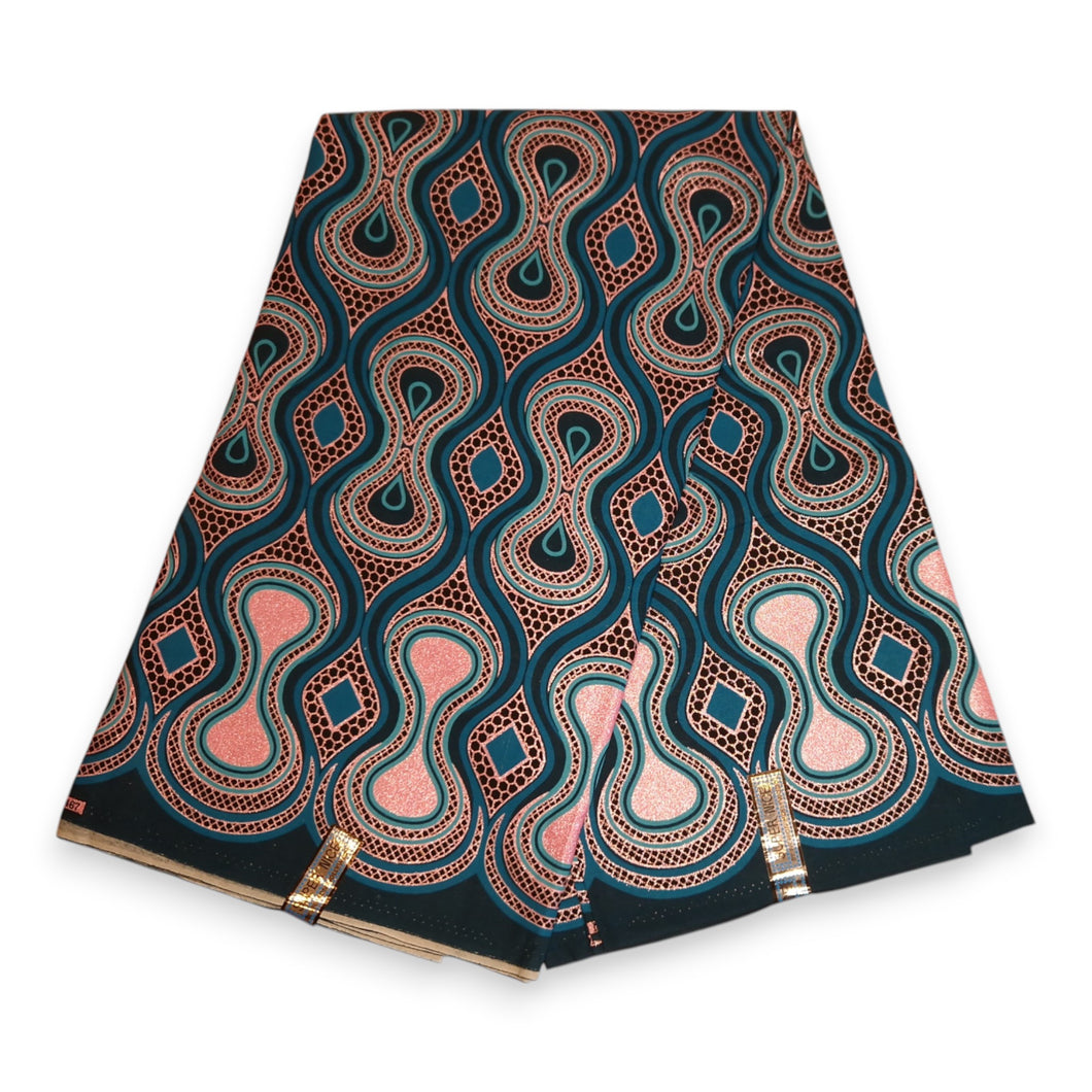 6 Yards - Afrikaanse printstof - Exclusieve versierde glittereffecten 100% katoen - GL-4017 Turquoise Pink Rose Gold