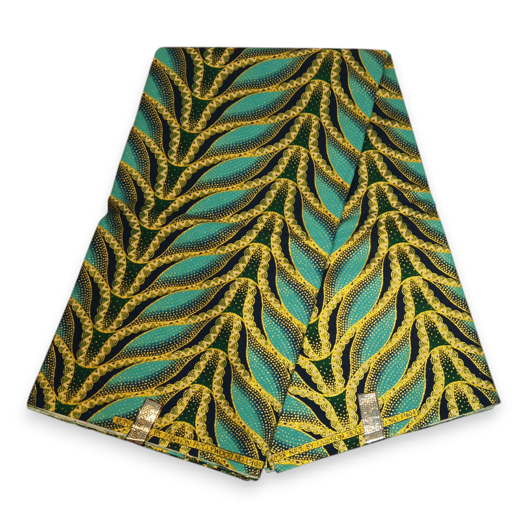 6 Yards - Afrikaanse printstof - Exclusieve versierde glittereffecten 100% katoen - GL-4020 Lichtblauw / Turquoise Goud