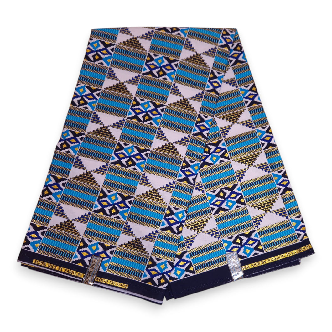 6 Yards - Afrikaanse printstof - Exclusieve versierde glittereffecten 100% katoen - GL-4026 Blauw Goud Kente