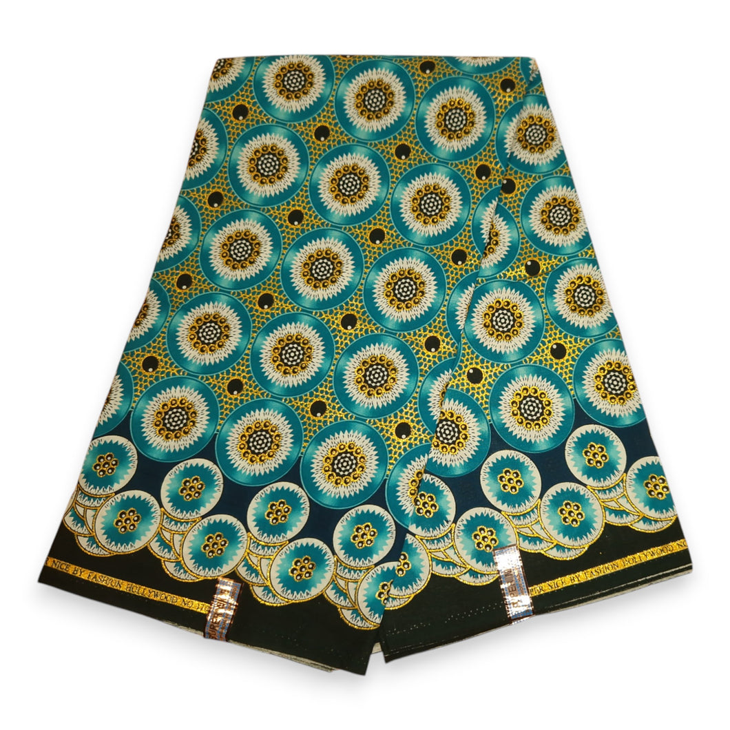 6 Yards - Afrikaanse printstof - Exclusieve versierde glittereffecten 100% katoen - GL-4032 Turquoise Gold