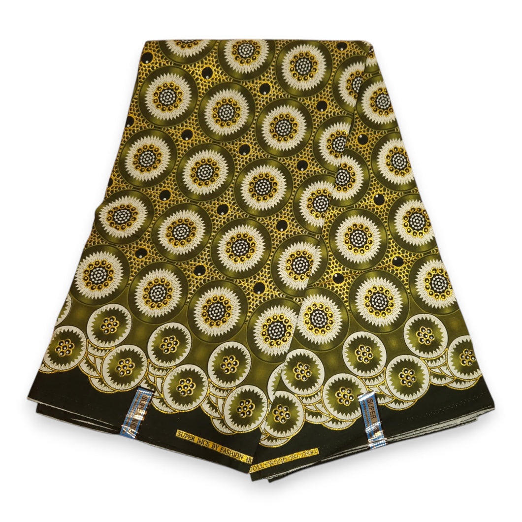 6 Yards - Afrikaanse printstof - Exclusieve versierde glittereffecten 100% katoen - GL-4034 Olijfgroen Goud