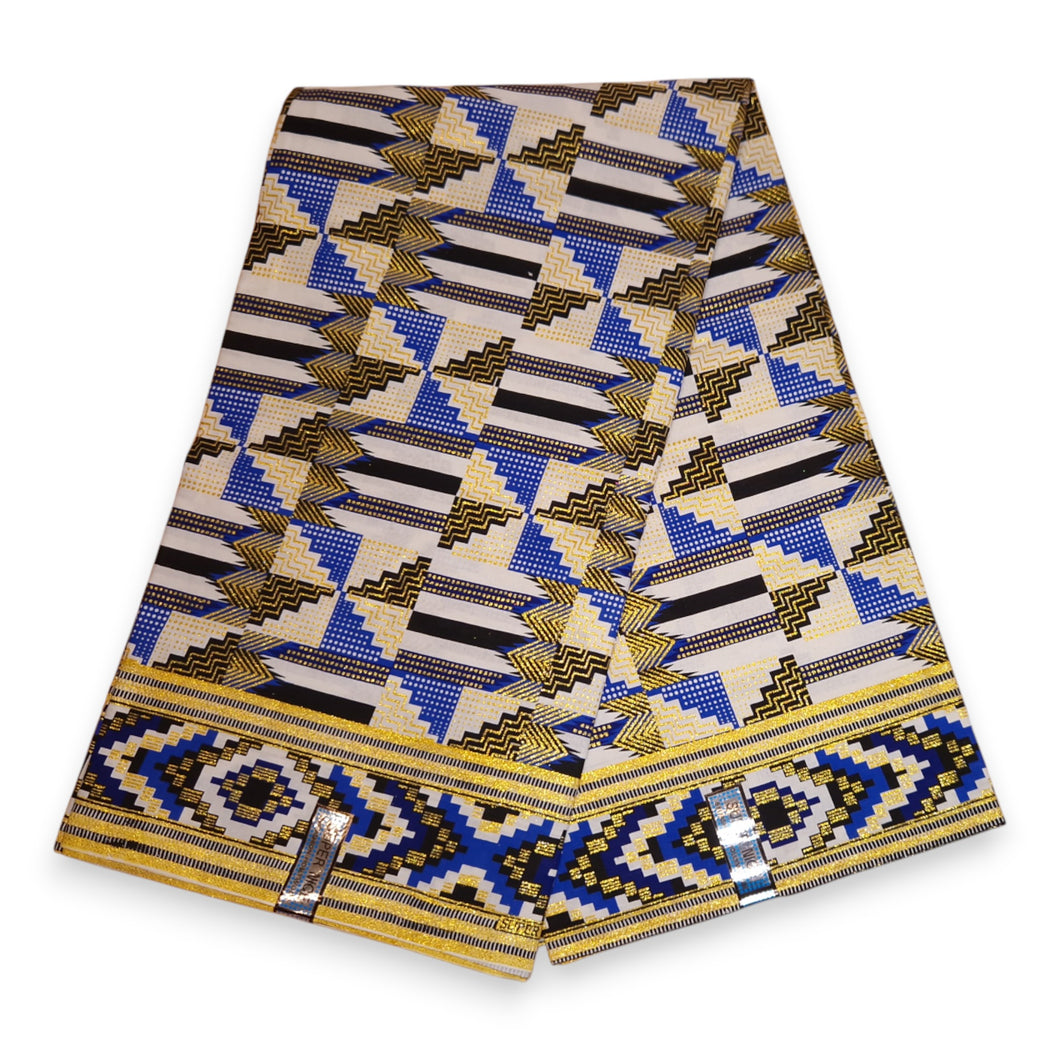 6 Yards - Afrikaanse printstof - Exclusieve versierde glittereffecten 100% katoen - GL-4048 Blauw Goud Kente