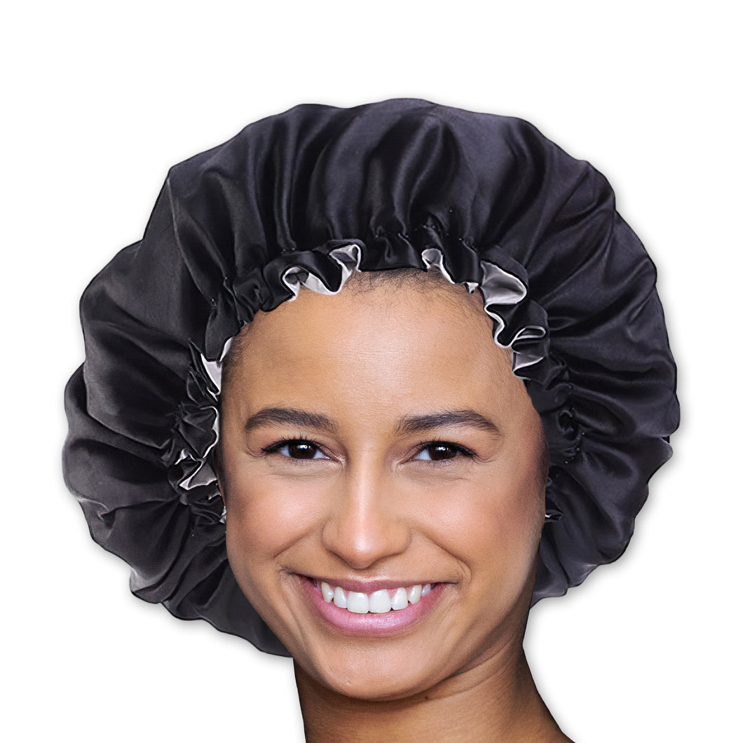 10 pièces - Bonnet de cheveux en satin noir / gris (bonnet de nuit en satin réversible)