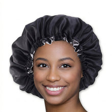 Load image into Gallery viewer, Black / Grey Satin Hair Bonnet ( Adjustable &amp; Reversable Satin Night sleep cap )
