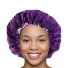 Charger l'image dans la galerie, Bonnet de nuit en satin violet (bonnet de nuit en satin réglable et réversible)
