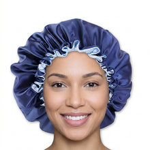 Load image into Gallery viewer, Blue Satin Hair Bonnet ( Adjustable &amp; Reversable Satin Night sleep cap )
