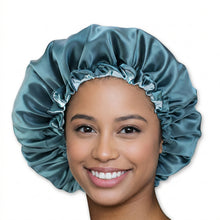 Load image into Gallery viewer, Green Satin Hair Bonnet ( Adjustable &amp; Reversable Satin Night sleep cap )
