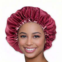 Load image into Gallery viewer, Red Satin Hair Bonnet ( Adjustable &amp; Reversable Satin Night sleep cap )
