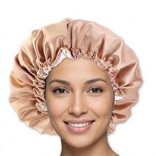 Load image into Gallery viewer, Khaki Satin Hair Bonnet ( Adjustable &amp; Reversable Satin Night sleep cap )
