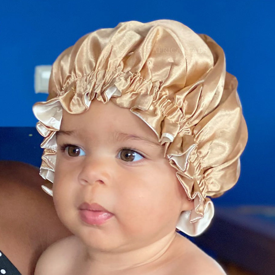 10 pieces - Khaki Satin Hair Bonnet (Kids / Children's size 3-7 years) (Reversable Satin Night sleep cap)