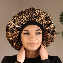 Load image into Gallery viewer, 10 pieces - Extra Large African Leopard Print Hair Bonnet ( Satin lined Night sleep cap )
