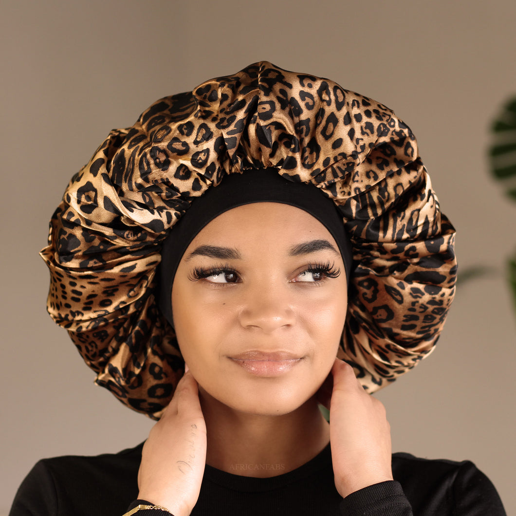 10 pieces - Extra Large African Leopard Print Hair Bonnet ( Satin lined Night sleep cap )