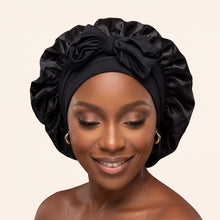 Load image into Gallery viewer, Satin Hair Bonnet with straps - Black ( Satin Night sleep cap )
