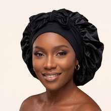 Load image into Gallery viewer, Satin Hair Bonnet with straps - Black ( Satin Night sleep cap )

