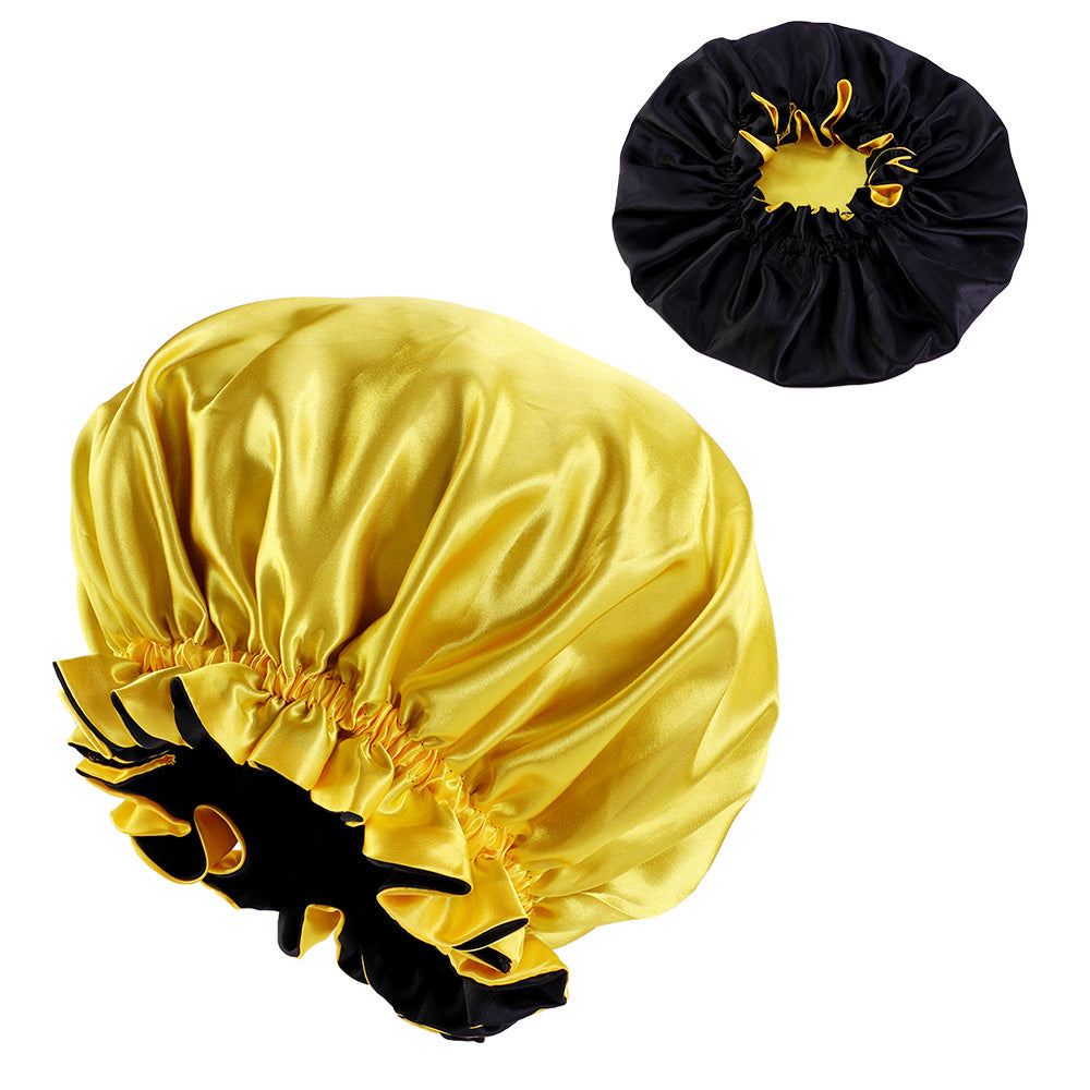 10 pièces - Bonnet de cheveux en satin jaune/noir avec bord (bonnet de nuit en satin réversible)
