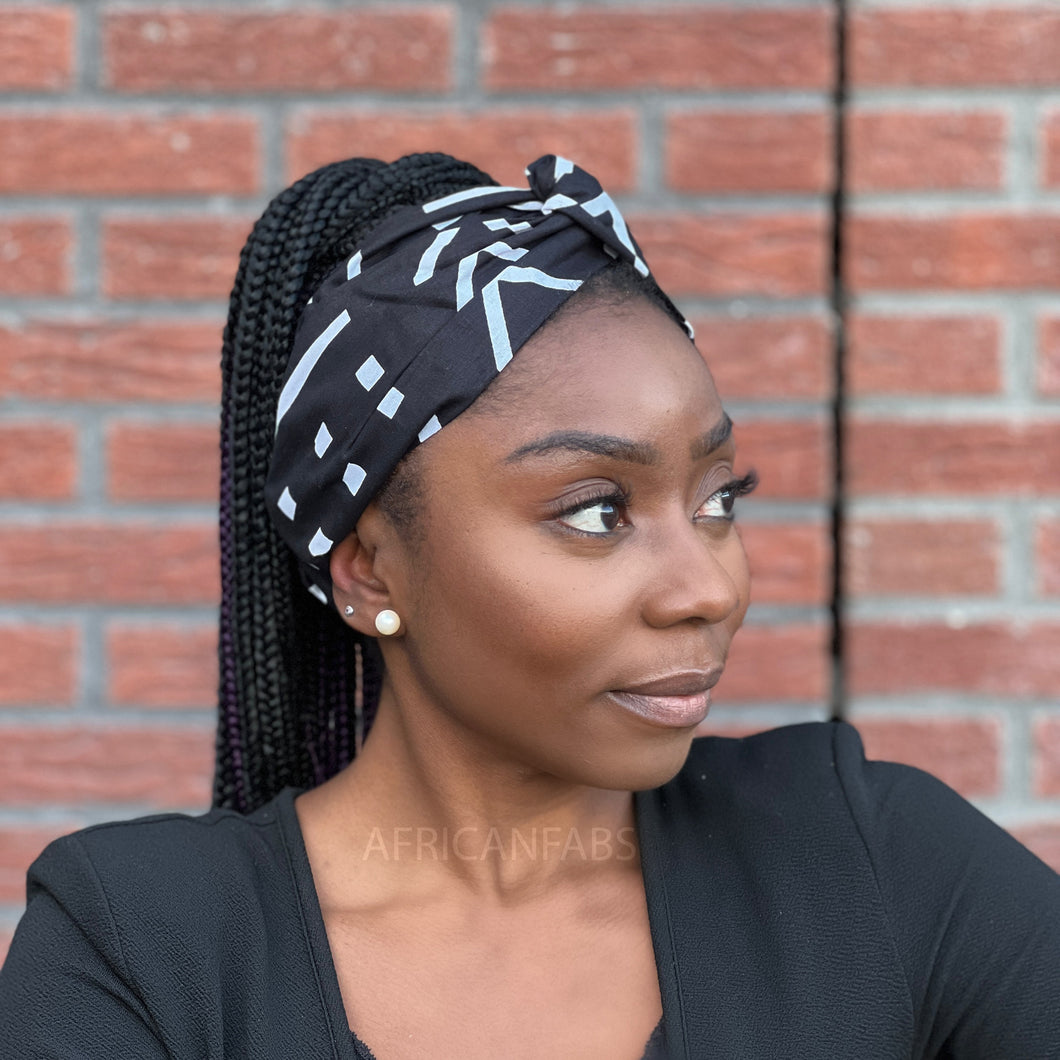 Haarband mit afrikanischem Aufdruck (lose Passform) – Erwachsene – Haarschmuck – Schwarz / Weiß Bogolan
