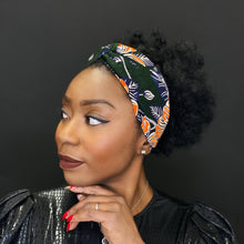 Load image into Gallery viewer, African print Headband - Adults - Hair Accessories - Dark green / orange flower Brillant Platinum Edition
