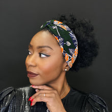 Charger l&#39;image dans la galerie, African print Headband - Adults - Hair Accessories - Dark green / orange flower Brillant Platinum Edition
