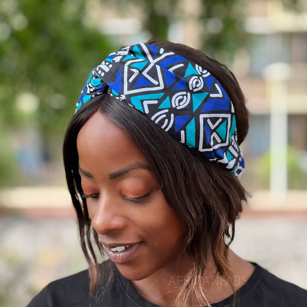 Haarband mit afrikanischem Aufdruck (lose Passform) – Erwachsene – Haarschmuck – Blaues Bogolan