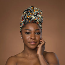 Load image into Gallery viewer, African headwrap - Red Orange Bogolan Symbols
