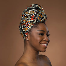 Load image into Gallery viewer, African headwrap - Red Orange Bogolan Symbols
