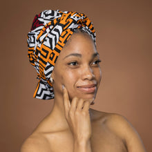 Load image into Gallery viewer, African headwrap - Brown Yellow Kuba Blocks Congo
