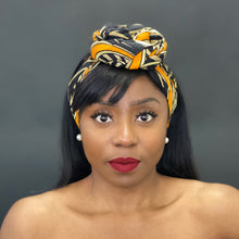 Load image into Gallery viewer, African headwrap - Black / orange Waves
