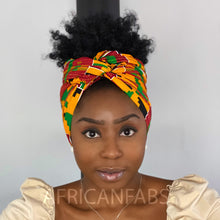 Load image into Gallery viewer, African headwrap - Green / yellow blocks kente print
