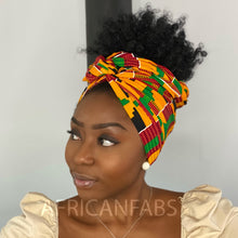 Load image into Gallery viewer, African headwrap - Green / yellow blocks kente print
