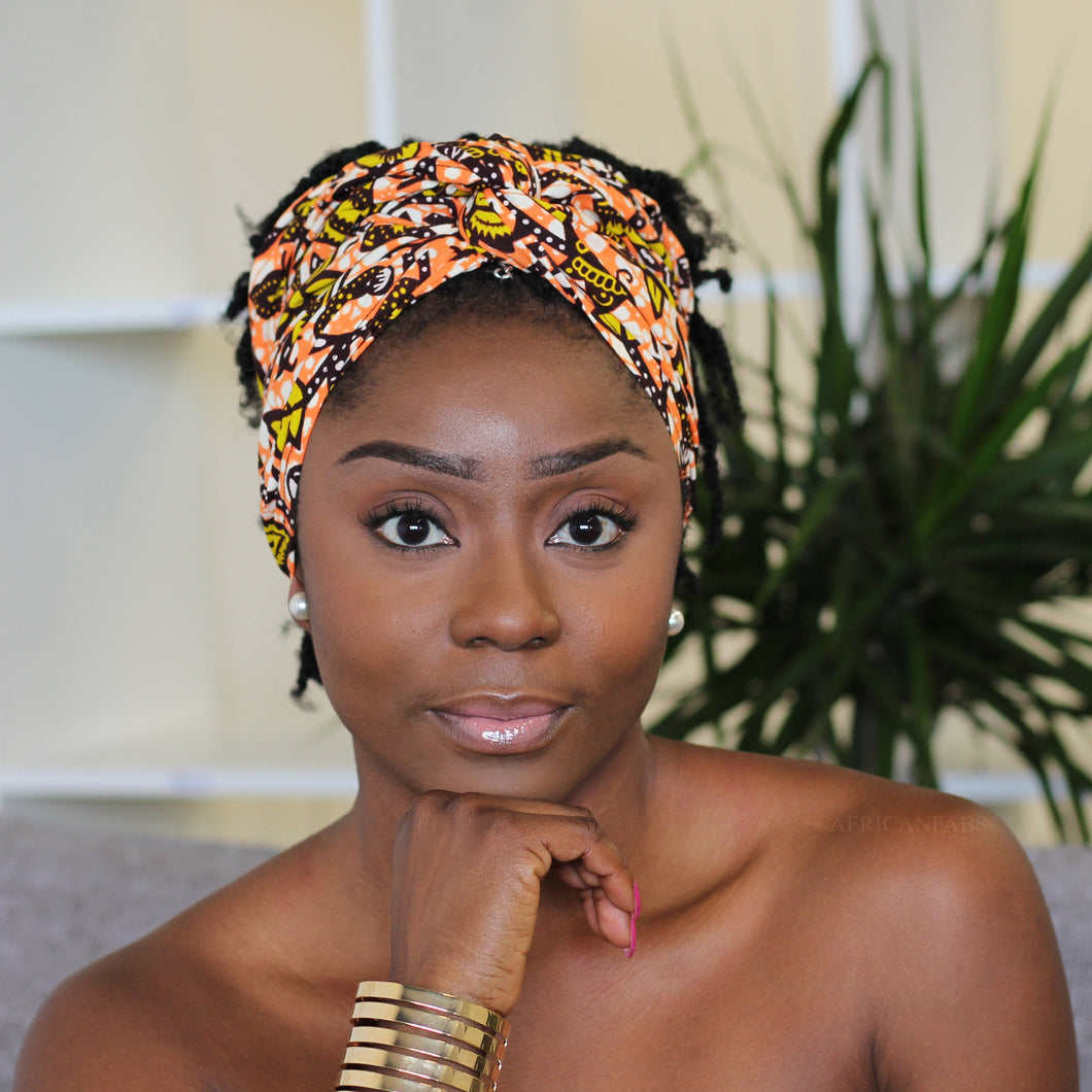 African headwrap - Orange / yellow leaf trails