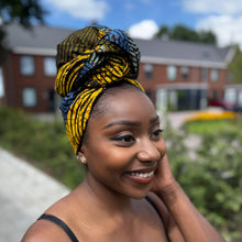 Lade das Bild in den Galerie-Viewer, African headwrap - Green, Blue &amp; Yellow Concentric Circle
