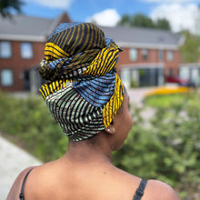 Lade das Bild in den Galerie-Viewer, African headwrap - Green, Blue &amp; Yellow Concentric Circle
